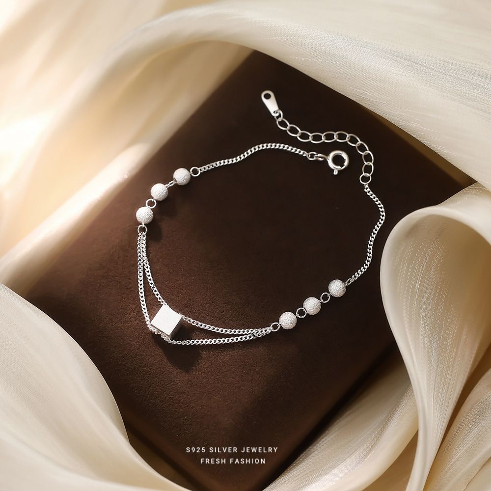 SS925纯银拉丝银立方豆豆珠手链中性独特设计拼接感几何素银手饰