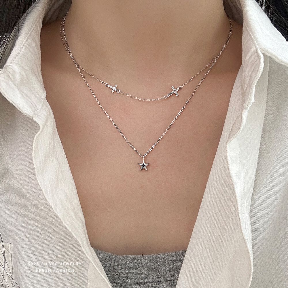 s925纯银褶皱十字架项链女韩版小众设计冷淡风锁骨链轻奢潮流百搭