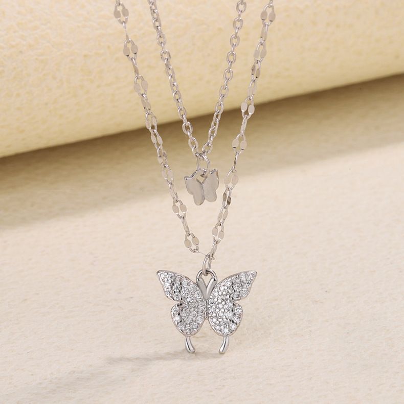 S925纯银夏季蝴蝶项链女韩版小众双层蝴蝶高级感气质百搭轻奢项饰