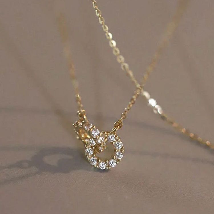 S925纯银环环好相扣好运满钻宫延风极细日韩项链女美女的双环吊坠