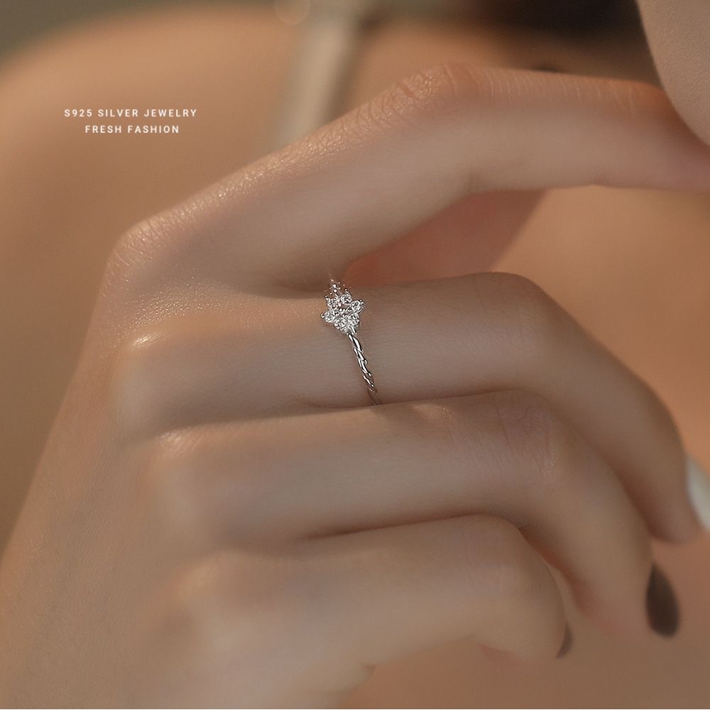 韩版复古微镶锆石花朵戒指女s925纯银百搭高级感开口扭绳指环代发