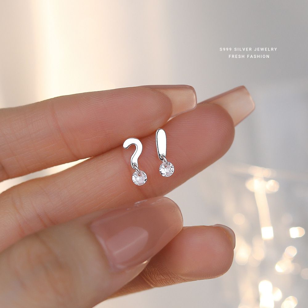 趣味个性感叹号问号耳钉女s999纯银韩版百搭时尚锆石足银耳饰代发