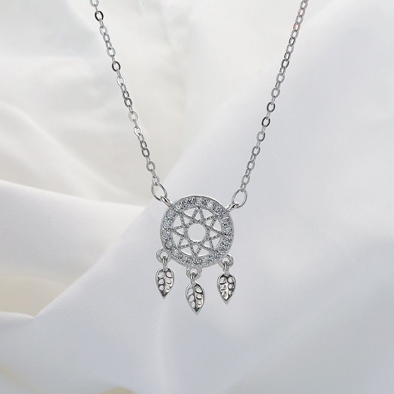 清仓S925纯银项链女百搭捕梦网锁骨链韩版轻奢设计树叶流苏吊坠