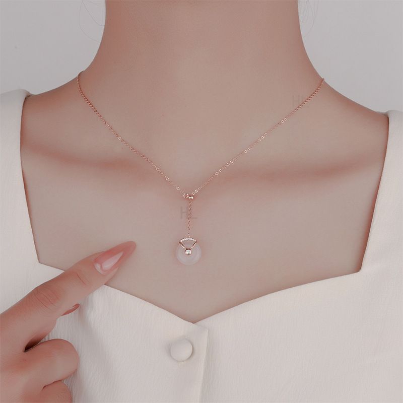 S925纯银扇形平安扣吊坠复古百搭白玉髓锁骨链可调节流苏项链女