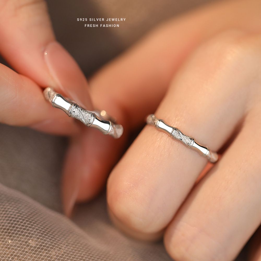 s925纯银竹节戒指女小清新时尚潮流小众设计感开口可调节情侣对戒