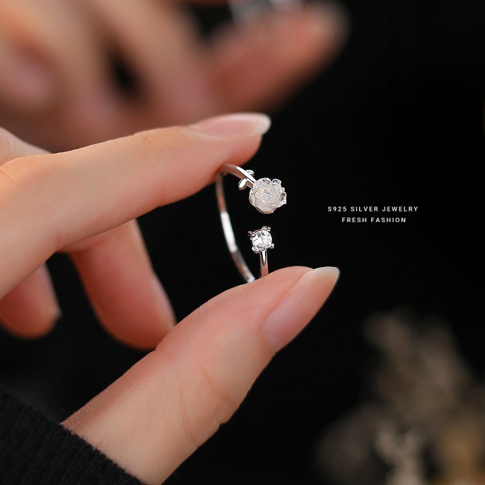 s925纯银清冷玫瑰锆石戒指女轻奢高级小众冷淡风设计感开口戒