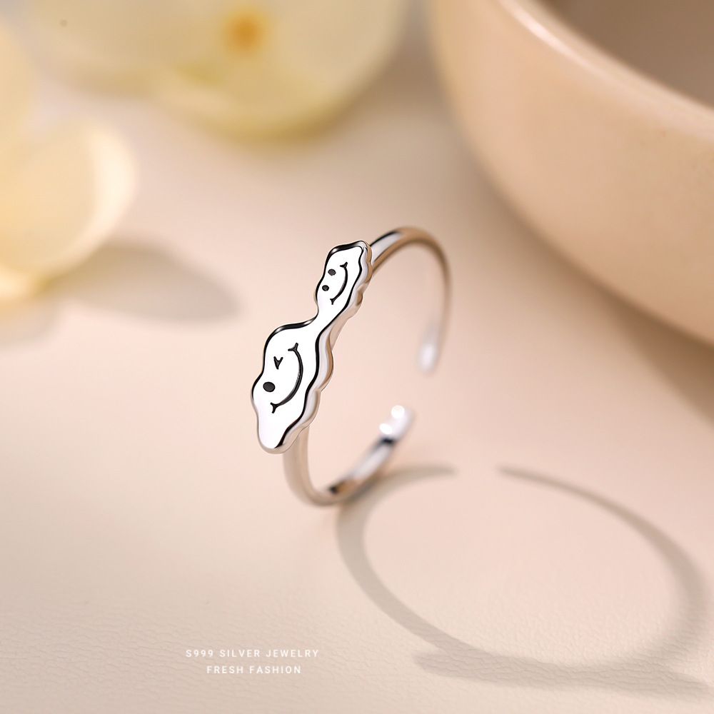 创意个性S999纯银笑脸云朵表情戒指女时尚小众百搭趣味素银食指戒