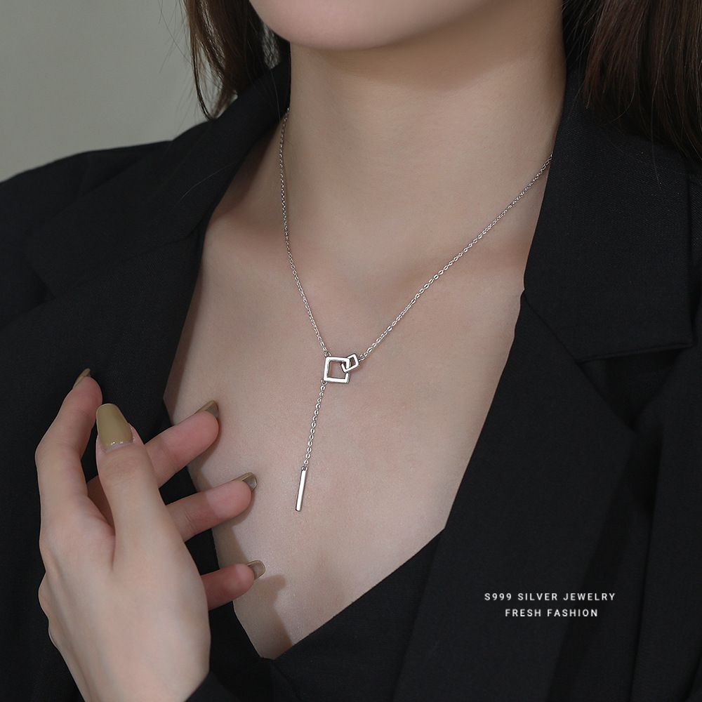 几何方形环环相扣流苏项链女s999纯银韩系百搭冷淡风足银锁骨链