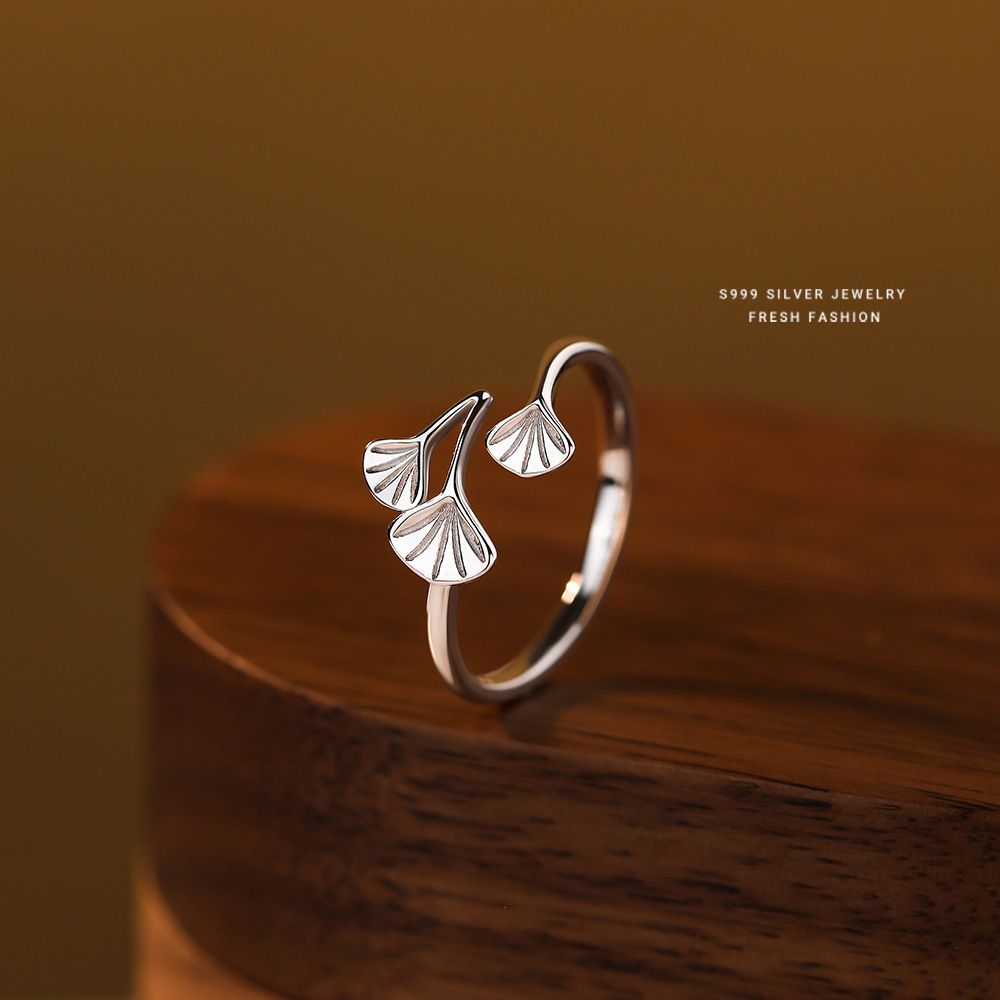 三生有幸银杏叶戒指女s999纯银森系食指戒小清新足银开口指环代发