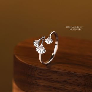 三生有幸银杏叶戒指女s999纯银森系食指戒小清新足银开口指环代发