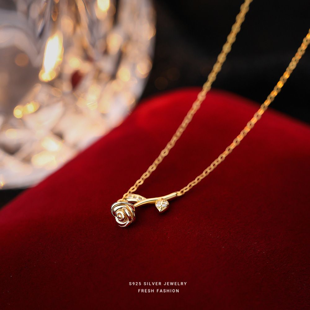 s925纯银玫瑰花项链女法式浪漫小清新轻奢设计镶钻锁骨链