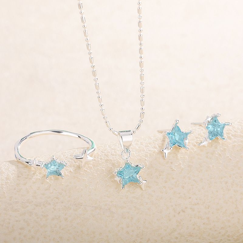 S999足银蓝色星星项链夏季女轻奢高级感锆石五角星戒指女星星耳钉