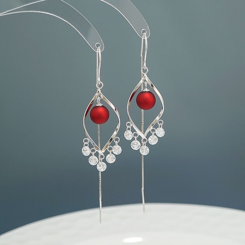 东大门新款耳环s925纯银菱形转运珠锆石流苏时尚个性耳饰女424EX