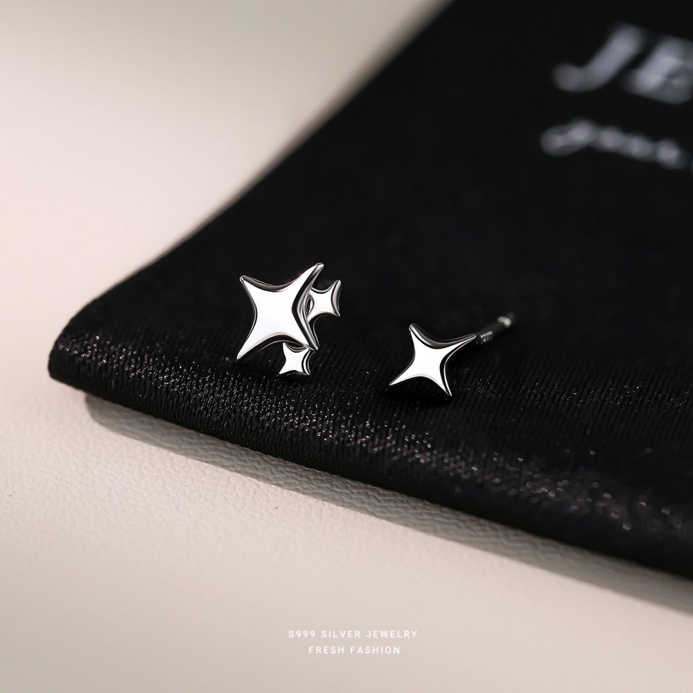 韩版冷淡风不对称四芒星耳钉女s999纯银潮流百搭轻奢星星足银耳饰