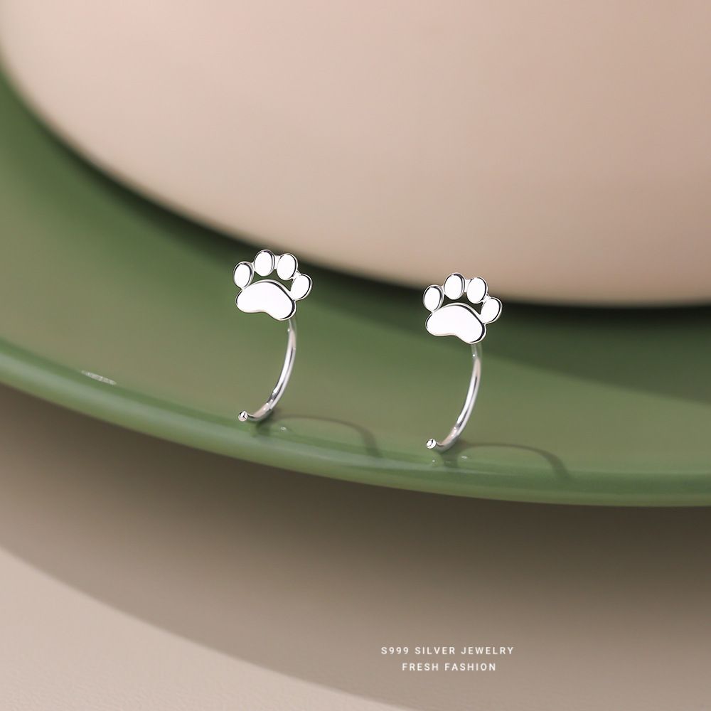 森系小清新s999纯银猫爪耳钉女百搭养耳洞足银耳钩时尚可爱耳饰
