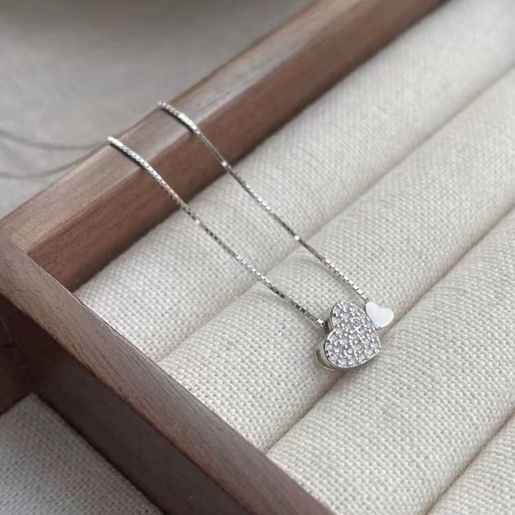 S925纯银镶钻爱心项链女 韩版小清新甜美气质心形小众设计锁骨链