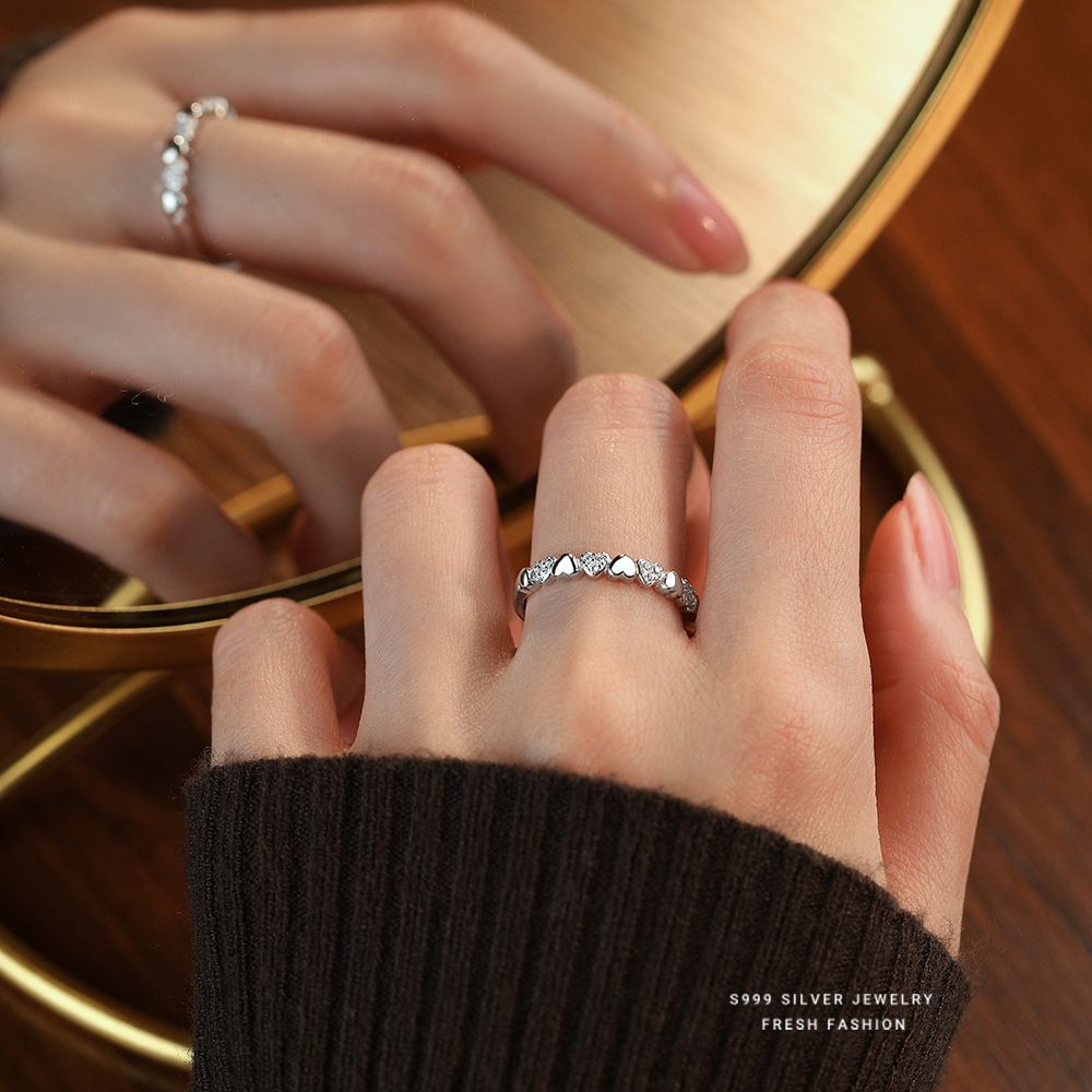心连心微镶锆石爱心戒指女s999纯银开口百搭韩版轻奢指环足银手饰