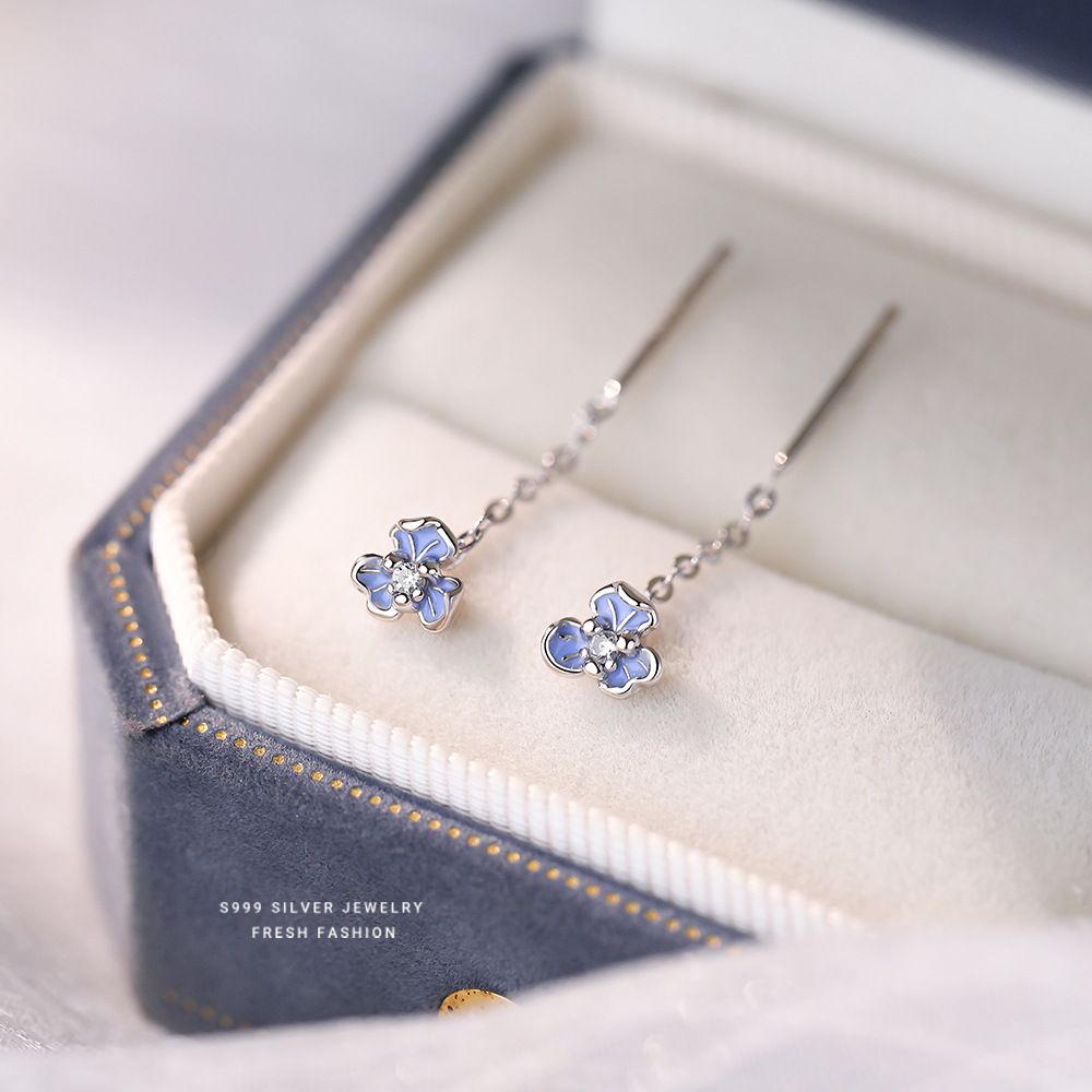 滴胶蓝色小清新鸢尾花朵耳钉女s999纯银韩版时尚锆石耳线流苏耳饰