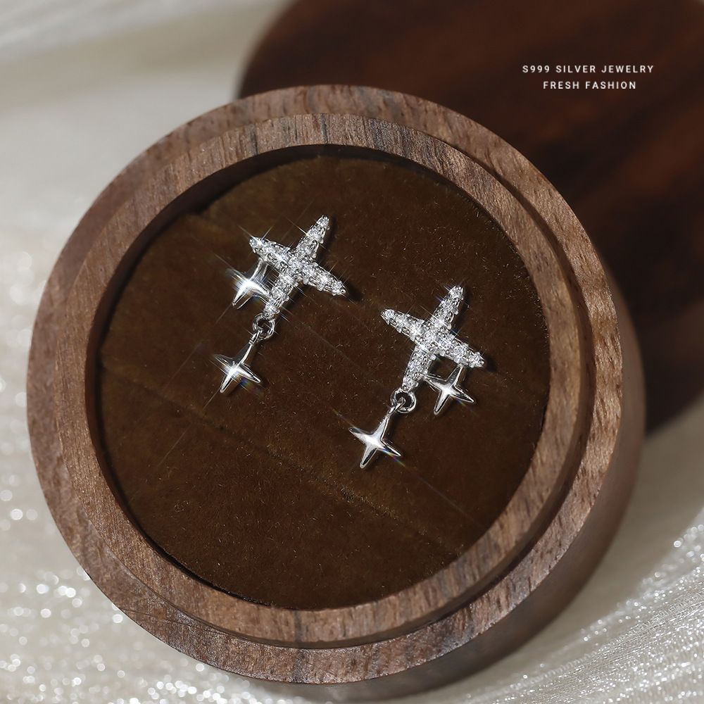 甜酷风四芒星耳钉女s999纯银时尚百搭轻奢微镶耳坠高级感足银耳饰