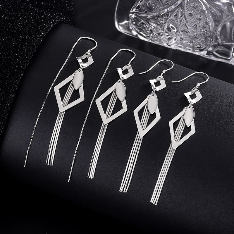 s925纯银菱形流苏长款耳线轻奢气质耳环女小众设计感耳环耳饰
