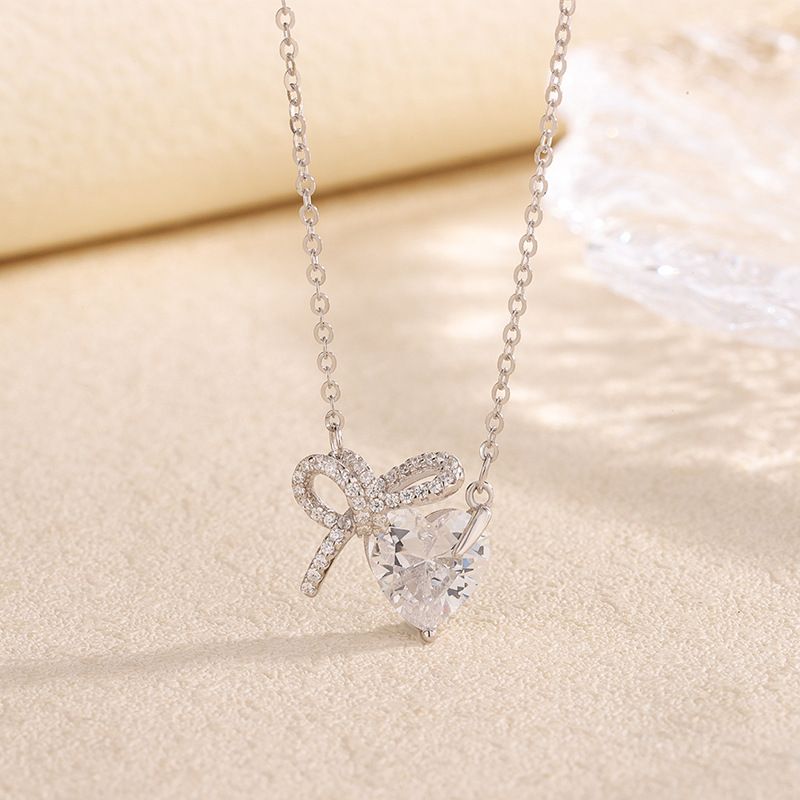 S925纯银镶钻蝴蝶结心形项链女轻奢高级感气质锁骨链小红书爆款