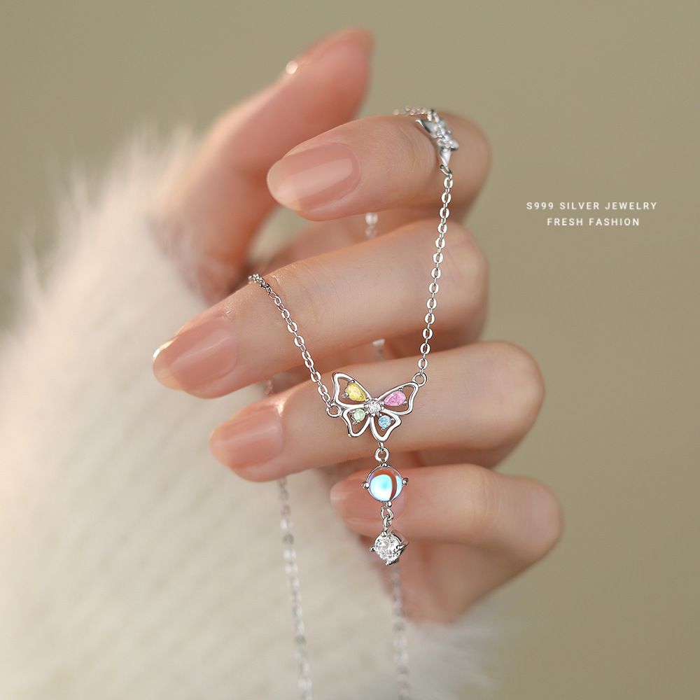 森系仙女风流苏蝴蝶结彩锆项链女s999纯银百搭月光石足银锁骨链
