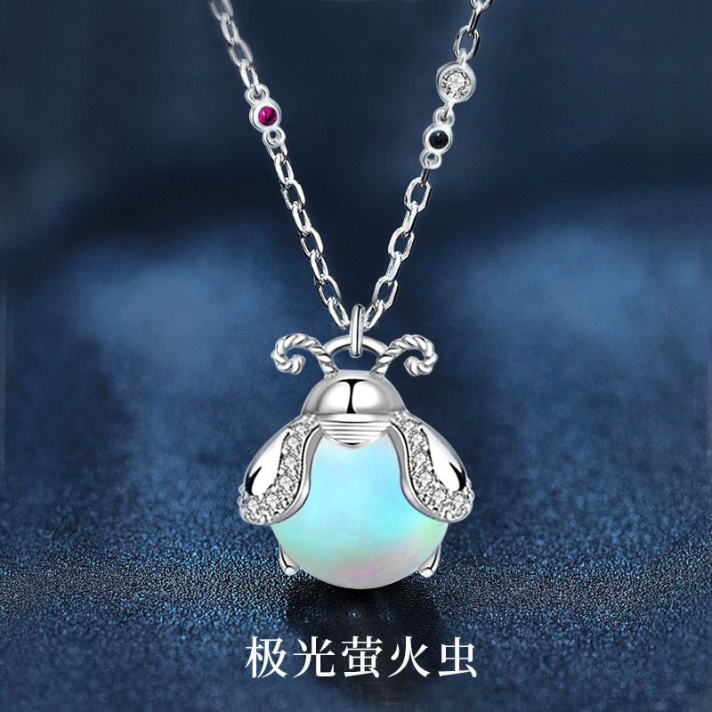 原创月光石萤火虫吊坠925纯银项链女森系小清新锁骨链首饰diy配饰