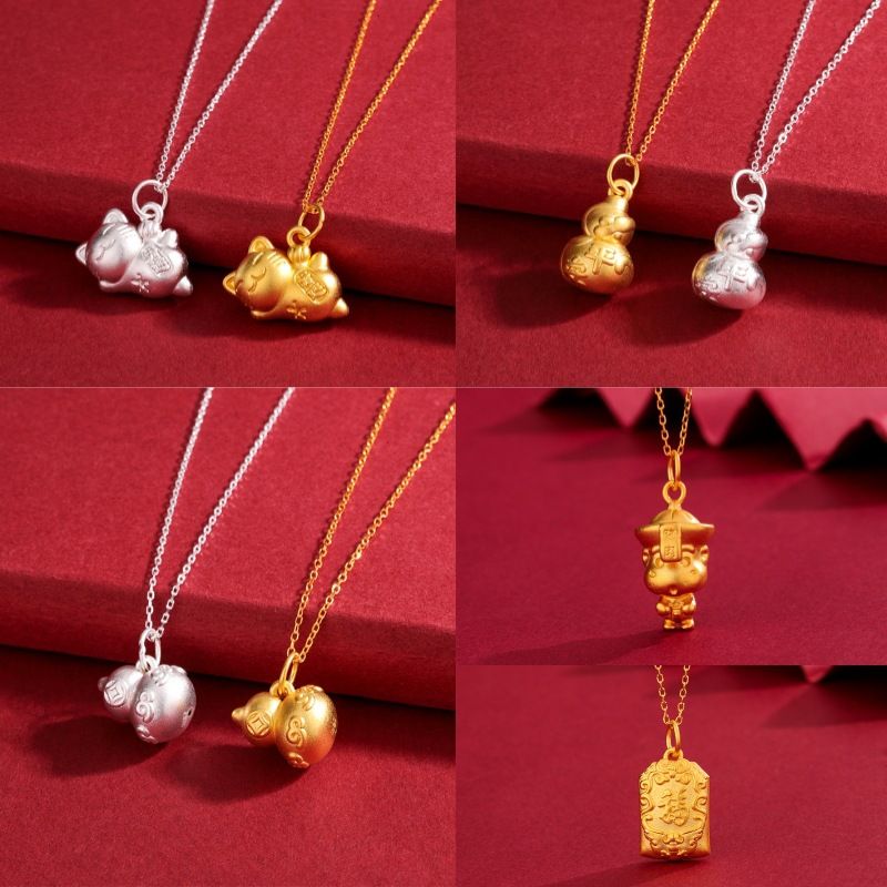 S999足银3D硬银平安葫芦项链女轻奢新中式中国风招财猫祥云吊坠