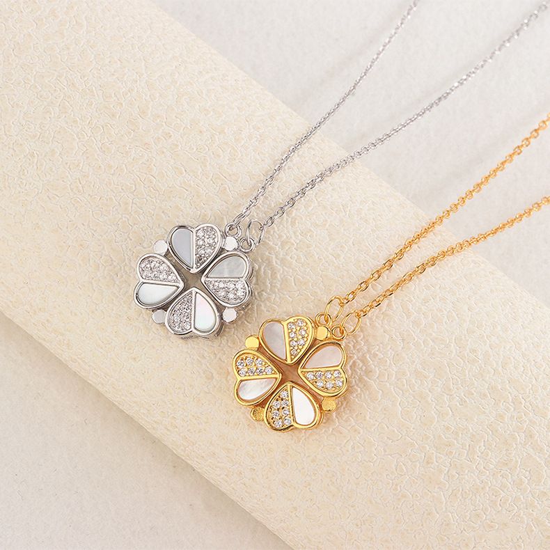 s925纯银四叶草爱心项链女轻奢白贝母心心相恋锁骨链一款两戴吊坠