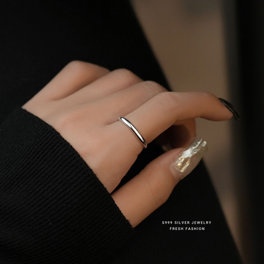 s999足银素圈光面戒指女极简设计简约网红对戒可刻字可调节开口戒