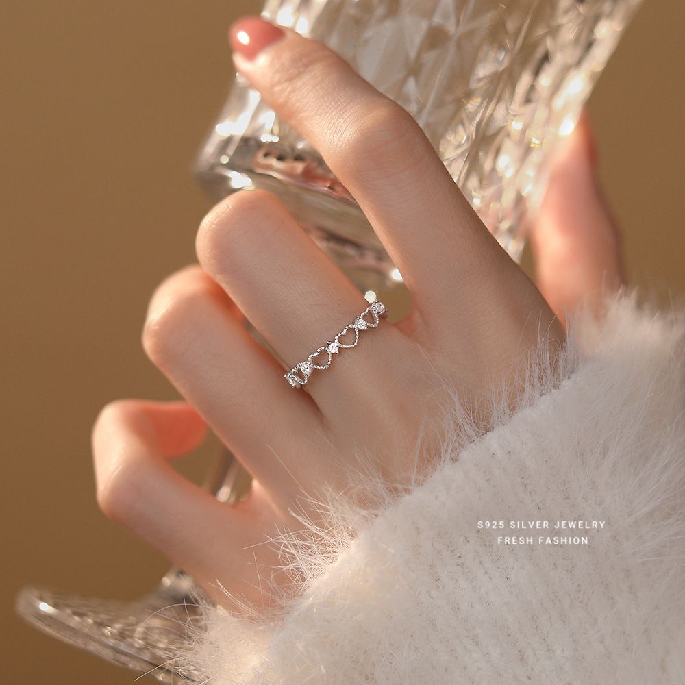 镂空爱心戒指女s925纯银甜美仙女风开口指环温柔气质食指戒代发