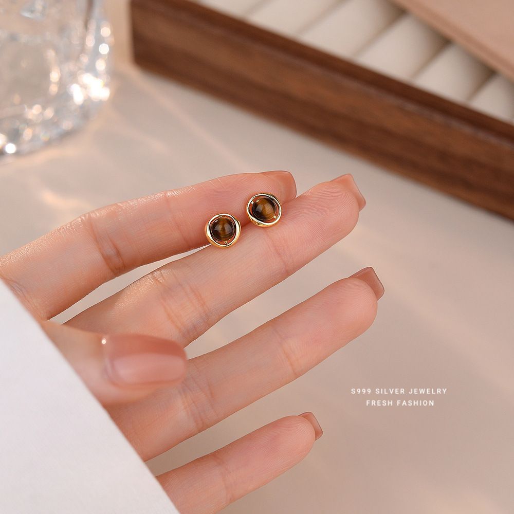 复古小众美拉德风虎眼石耳钉女s999纯银轻奢百搭高级感足银耳饰