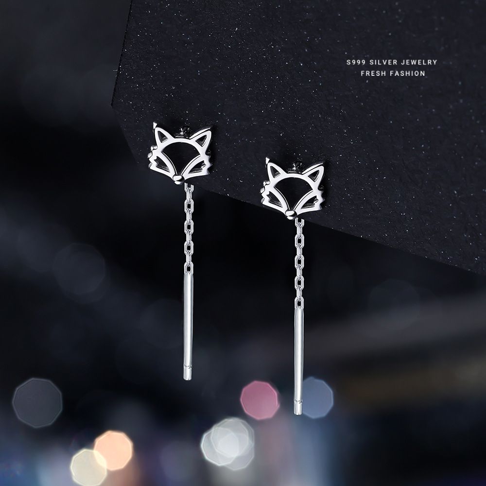 森系狐狸耳线女s999纯银小清新流苏耳钉甜美耳坠简约动物足银耳饰