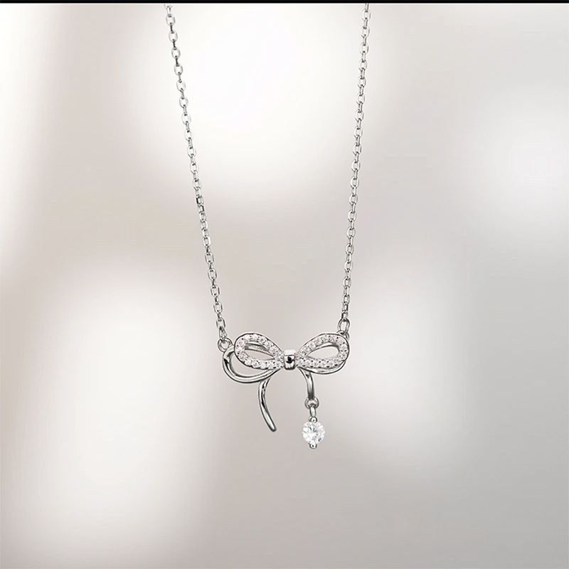 S925纯银蝴蝶结项链女百搭韩版少女心小清新轻奢小众设计感锁骨链