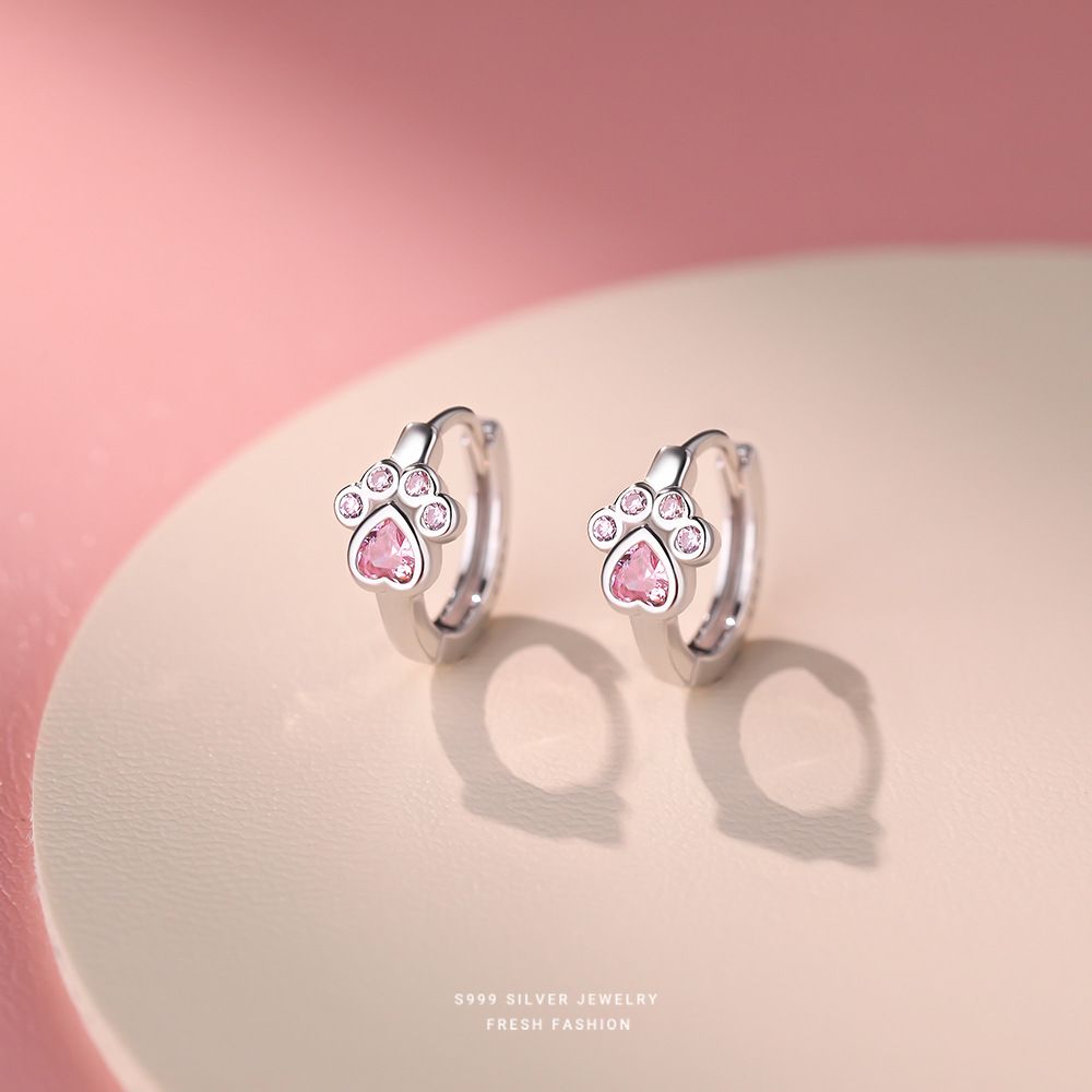 可爱萌宠猫爪锆石耳环女s999纯银韩版熊爪耳扣甜美足银耳圈百搭