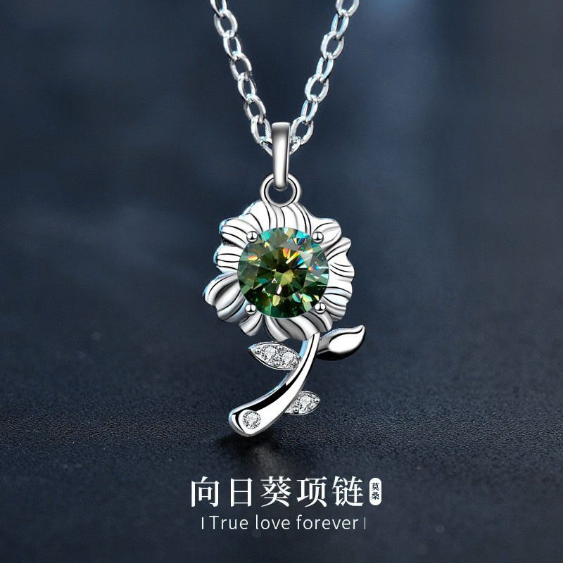 原创925纯银项链绿色莫桑钻向日葵花朵吊坠太阳花首饰情人节礼物