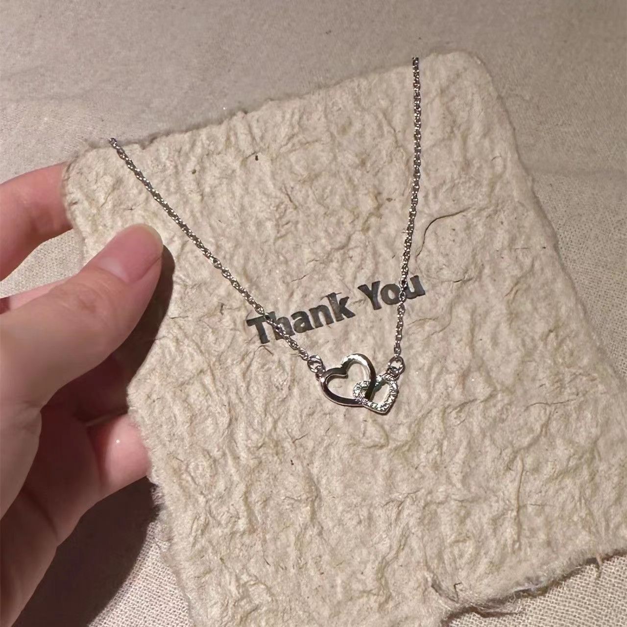 S925纯银双环心形项链女韩版小众设计网红锁骨链女感轻奢吊坠