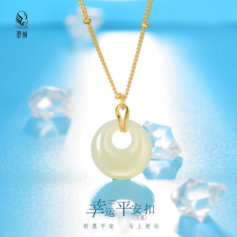 S925纯银福气本命年幸运平安扣和田玉项链锁骨链饰品送女朋友礼物