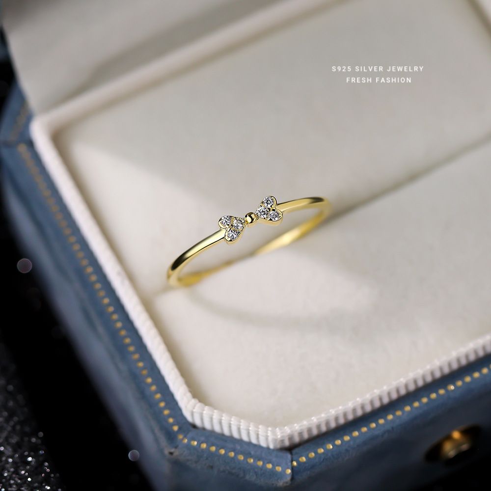 小清新甜美蝴蝶结领结戒指女s925纯银微镶锆石通勤开口指环代发