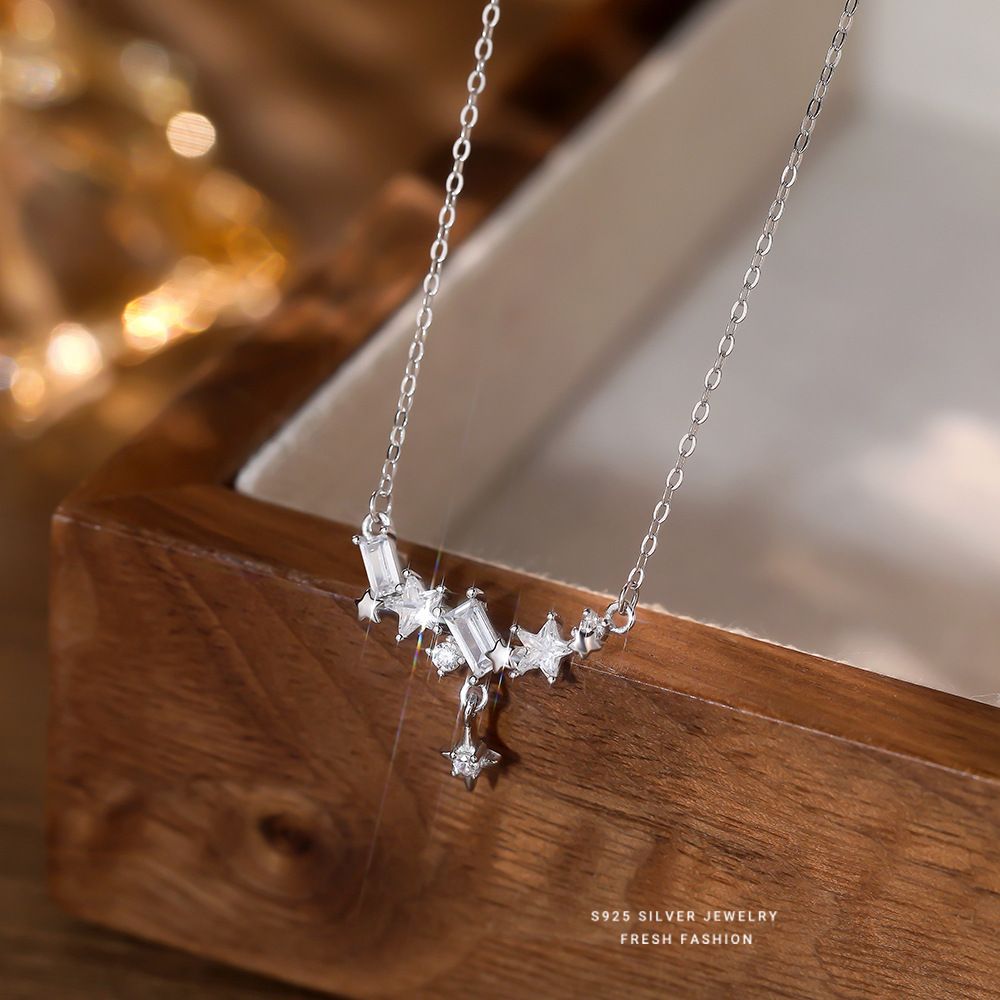 S925纯银精致小方锆满天星项链女ins小众设计高级轻奢锆石锁骨链