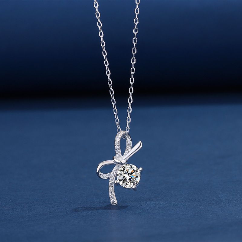 足银990镶钻蝴蝶结项链女简约通勤韩版时尚感轻奢气质百搭锁骨链