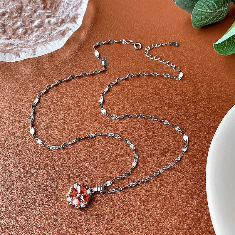 s925纯银红宝石幸运四叶草项链日韩爱心镶钻时尚简约吊坠锁骨链女