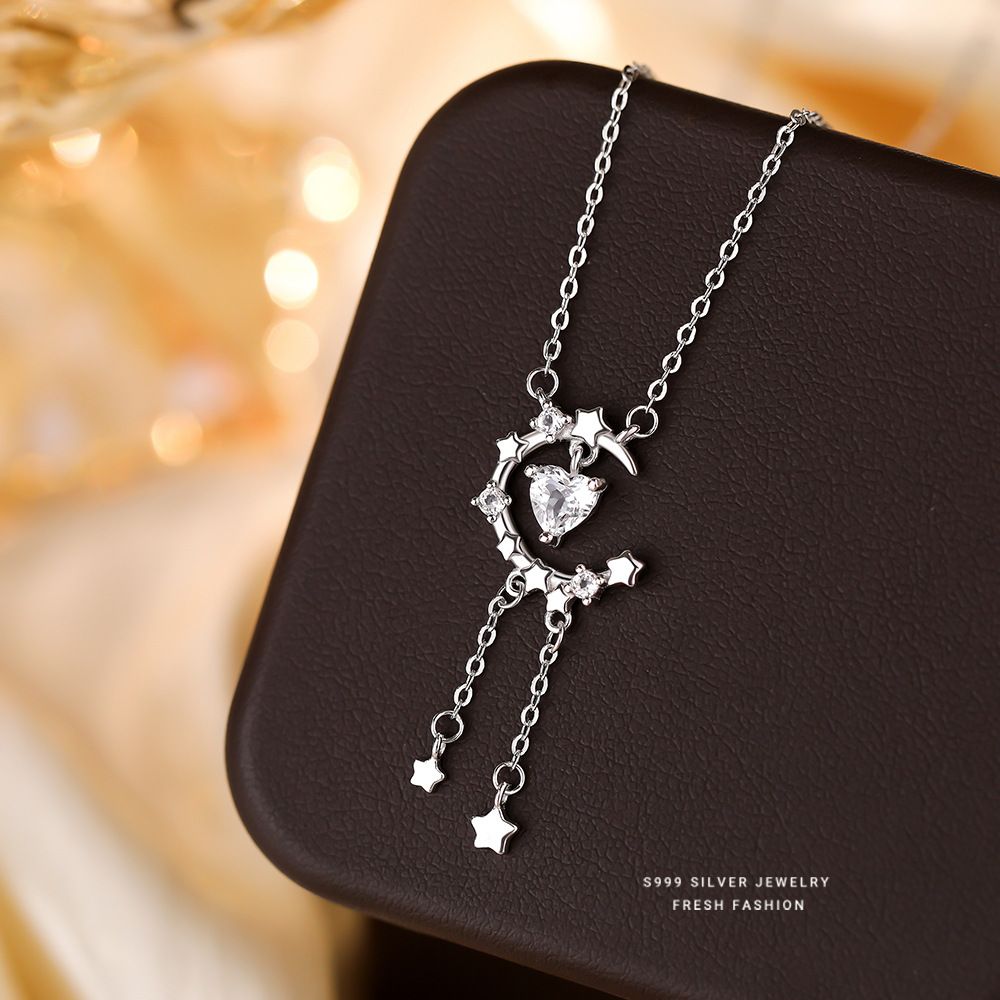 相恋月下S999纯银心月星辰托帕石项链情人节流苏清新锁骨链高级感