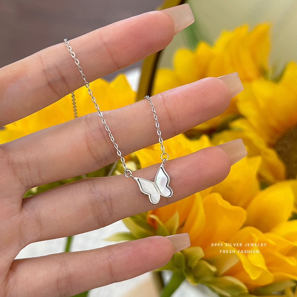 森系仙女风白贝蝴蝶项链女s999纯银小众设计感轻奢锁骨链足银颈链