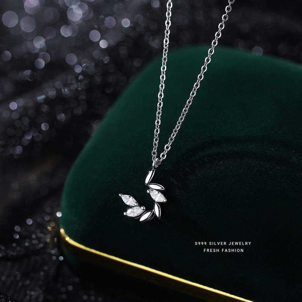 s999纯银小清新麦穗项链女时尚百搭轻奢锆石足银锁骨链小众气质