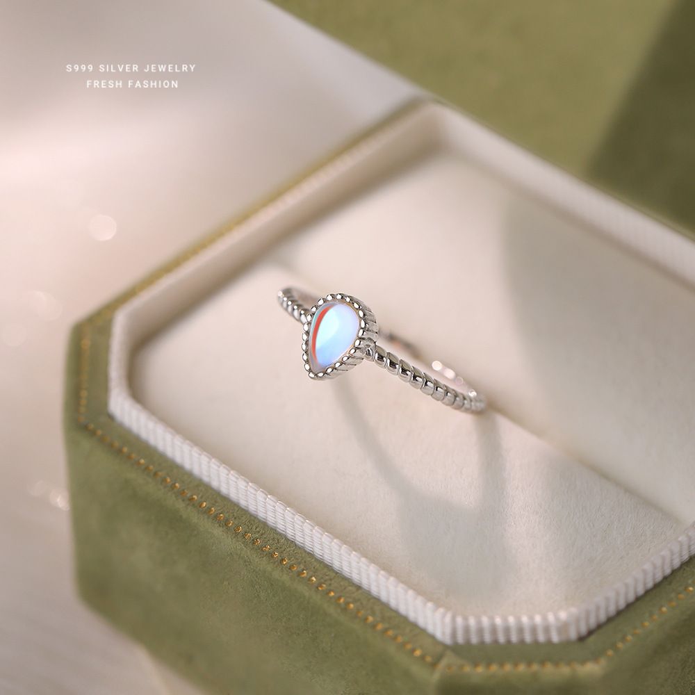 韩版小众轻奢风S999纯银五彩月光石戒指水滴活口指环小众百搭