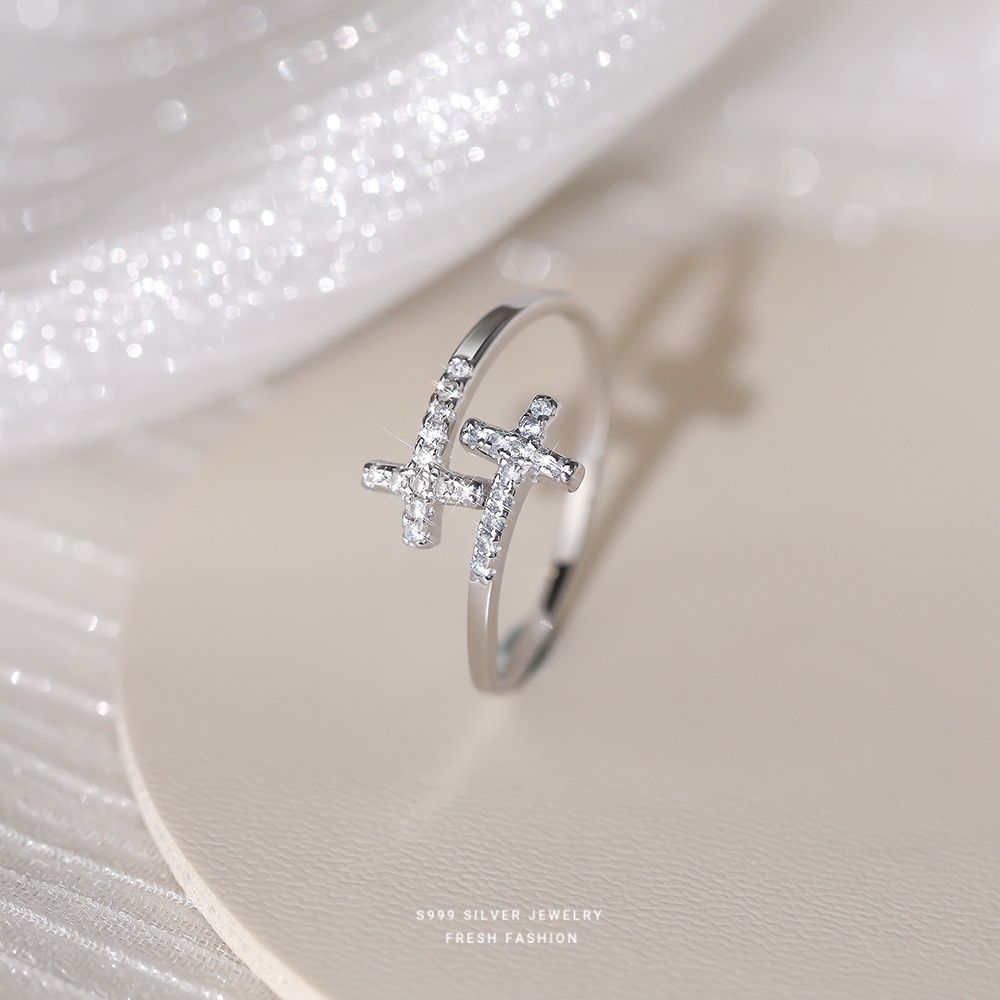 韩版轻奢微镶锆石十字架戒指s999纯银潮流食指戒百搭足银指环开口