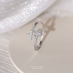 韩版轻奢微镶锆石十字架戒指s999纯银潮流食指戒百搭足银指环开口