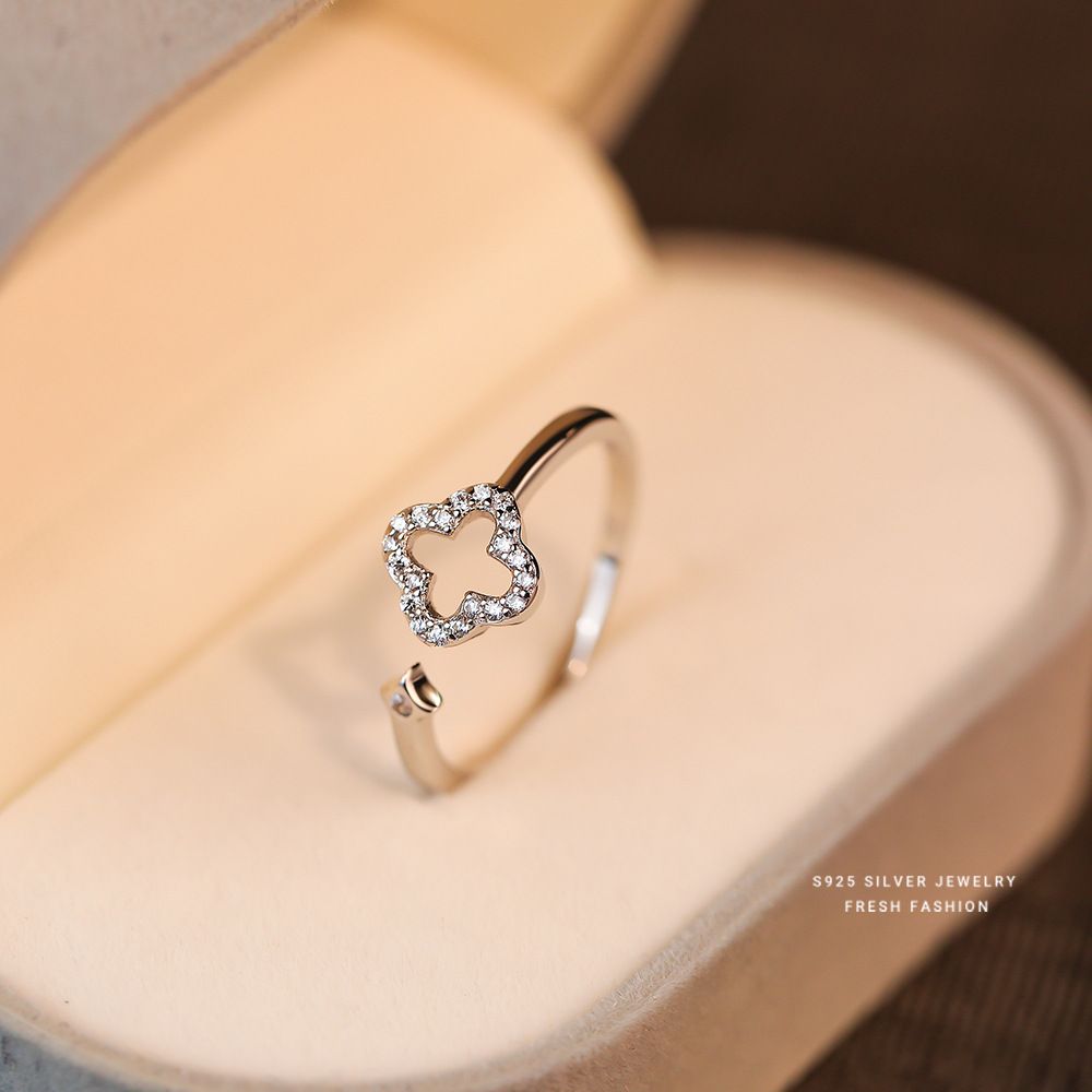 s925纯银镂空四叶草微镶满钻戒指女轻奢高级感森系ins 指环开口戒