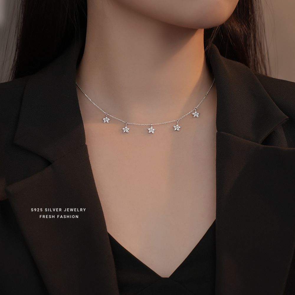 韩式s925纯银微镶满天星小花项链女网红风百搭锁骨链高级感首饰